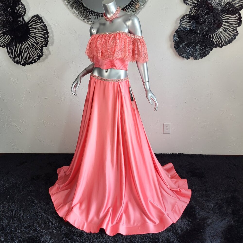 NWT~$495~2CUTE~6/8~CORAL 2 PIECE CROP TOP RHINESTONE BEADED MAXI PROM DRESS